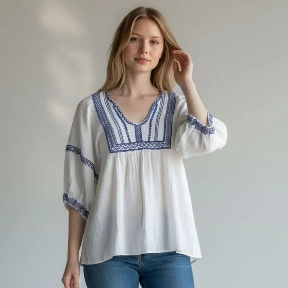 Max Studio White Blouse with Blue Embroidery